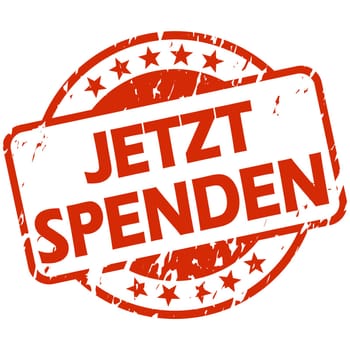EPS 10 vector with round red colored grunge stamp with banner and text donate now (in german)