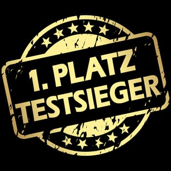 EPS 10 vector with round golden colored grunge stamp with banner and text 1st place - test winner (in german)