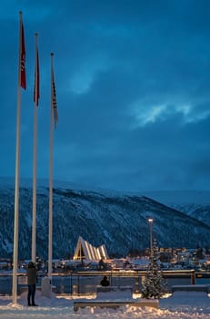 Tromso, Norway -  December 2018 : Tromso Harbour and Arctic Cathedral at night