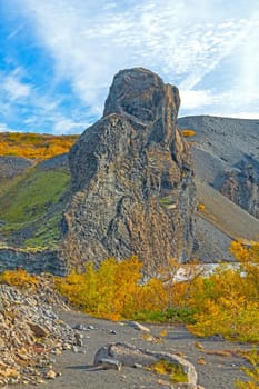 Dramatic Volcanic Rocks Amidst the Fall Colors in Hljodaklettar National Park in Northern Iceland