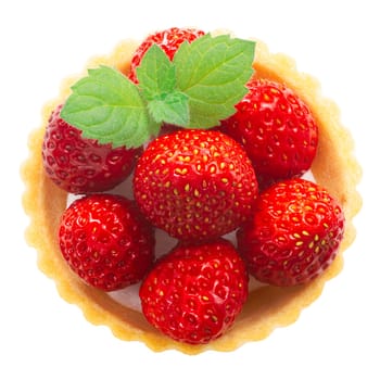 Strawberry mint baked sweet tart or dessert, isolated, top view