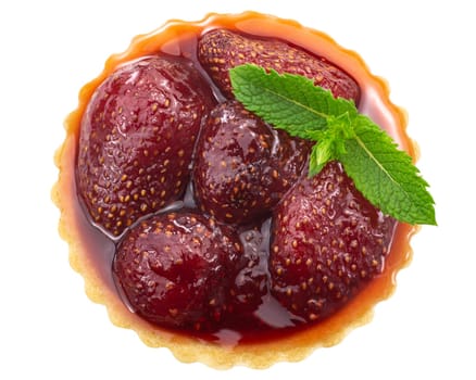 Strawberry jam tart or dessert decorated with mint leaves, isolated, top view