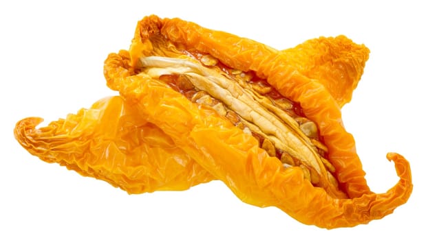Sundried or dried yellow oblong tomato halves, isolated