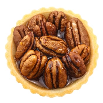 Pecan Maple Syrup baked tart or dessert, isolated, top view