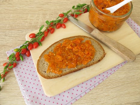 Goji berry jam on a bread slice for breakfast