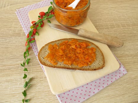 Goji berry jam on a bread slice for breakfast