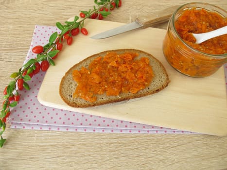 Goji berry jam on a bread slice for breakfast