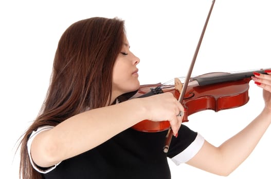 A beautiful woman standing in a black dress playing the violin .with her eyes closed, in close up, isolated for white background.