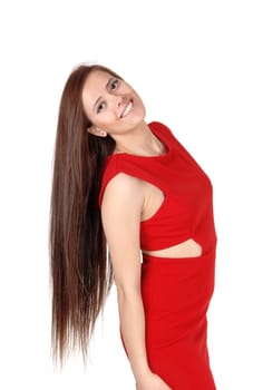 Portrait of a young beautiful woman in a red dress head back with her .long brunette hair, looking into camera, isolated for white background.