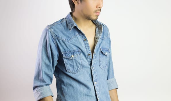 Jeans Shirt or Denim Shirt Man Fashion in 45 degree View. Jeans shirt or denim shirt fashion for men on grey background