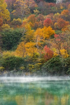 Autumn Forest onsen lake at Jigoku Numa, Hakkoda Aomori Tohoku Japan