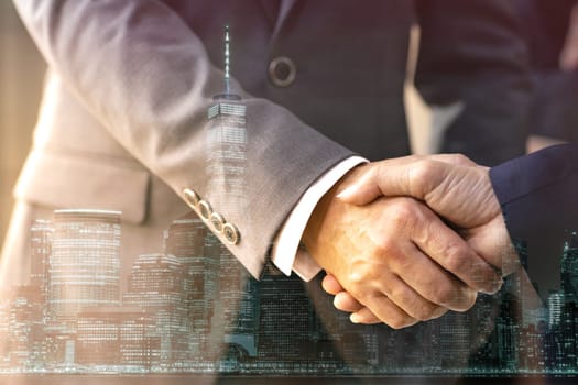 Double exposure of business Handshake with new york manhattan skyline building background
