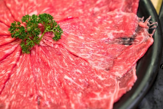 Raw Beef meat set ready to cook Shabu shabu and sukiyaki