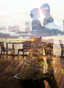 Double exposure of romantic couple wedding scene with beautiful and romantic city in europe