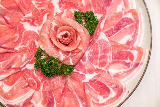 Raw Kurobuta pork meat set ready to cook Shabu shabu and sukiyaki