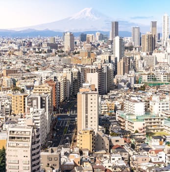 aerial view of Tokyo skylines and skyscrapers buildings in Shinjuku ward in Tokyo with Mountain Fuji in background