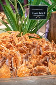 Blue crab in seafood on ice buffet bar