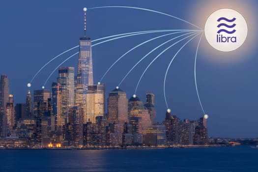 Libra concept, Libra coin cryptocurrency and block chain, new digital currency in New York Manhattan USA