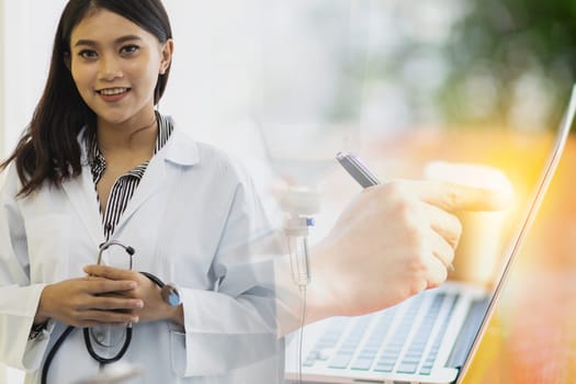 Double Exposure of Young adult female doctor in examination room medical office.
