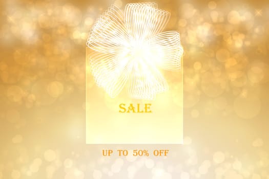 Christmas sale background. A golden gift box with a white ribbon and the text, discount up to 50 percent, on a golden abstract bokeh background. Beautiful illustration for xmas sale business.