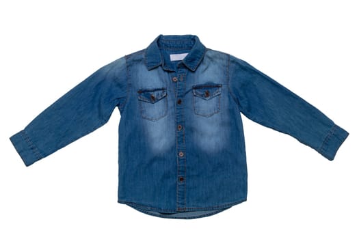 Denim shirts isolated. Close-up of a male stylish faded blue jeans shirt isolated on a white background. Long sleeve shirt summer fashion.