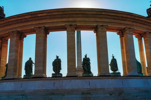 Budapest, Hungary - July 04, 2019: Heroes Square with Millenium Memorial and the horseman Memorial is one of the major squares in Budapest. Panorama with tourists and visitors.