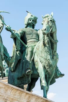 Budapest, Hungary - July 04, 2019: Heroes Square with Millenium Memorial and the horseman Memorial is one of the major squares in Budapest. Panorama with tourists and visitors.