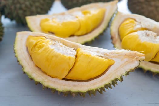 Malaysia famous fruits durian musang king, sweet golden creamy flesh.