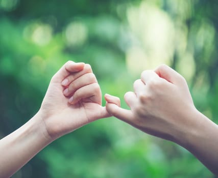 hands hook each other's little finger on nature background, concept of promise
