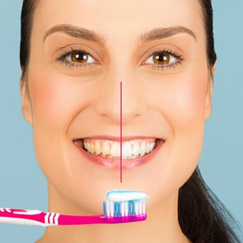 Healthy white teeth of smiling woman before and after brushing teeth, close-up portrait, dental care and teeth whitening concept.