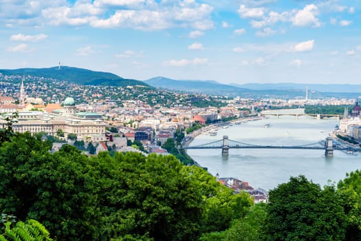 Panorama of Budapest over the Danube river. The bridges destroyed in World War II touch the two parts of the city Buda and Pest. The bridges stand out for their majesty and elegance.