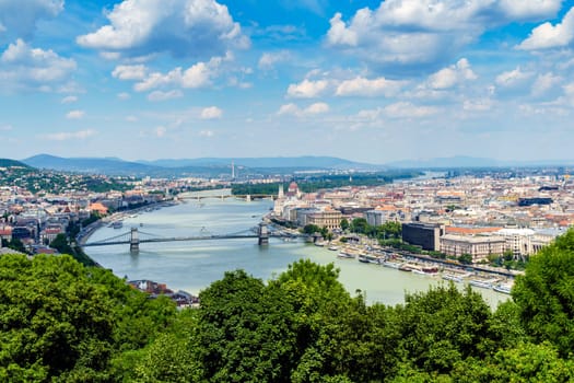 Panorama of Budapest over the Danube river. The bridges destroyed in World War II touch the two parts of the city Buda and Pest. The bridges stand out for their majesty and elegance.