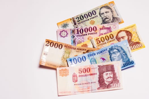 Hungarian forint banknotes are on white background, European currency, paper money.