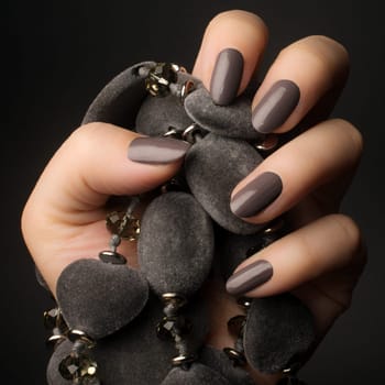 Female hand with shiny dark gray nails is holding a gray jewelry on dark gray background.