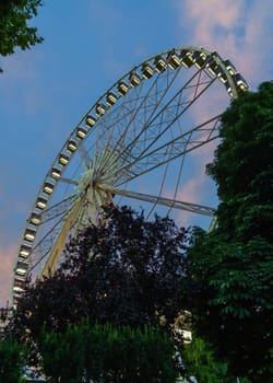 Budapest, Hungary - July 05, 2019: Luminous Ferris wheel in night city. Budapest Eye at night. Sziget Eye. The new Ferris Wheel opened on Erzsébet Square in mid-march 2017 and it will operate throughout the year.