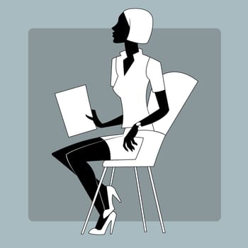 Briefing at the office or at a conference. Young woman with sheets of paper sitting on a chair