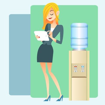 The girl in the office near the water cooler looking at the news and record on a computer tablet. A break in office work