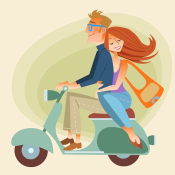 Lovers man and woman on retro bike going down the road. The way of dreams, love and friendship