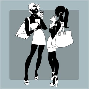 Ladies in summer dresses with dogs on hand communicate with each other. Symbol icon