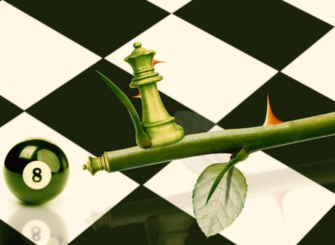 Green Minister Chess on rose stem, Power and Challenge concept.