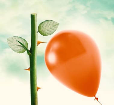 Rose thorn about to pop love heart balloon in vintage blue sky, clipping path and alpha channel included.
