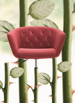Red Chair with rose stem and thorn.
