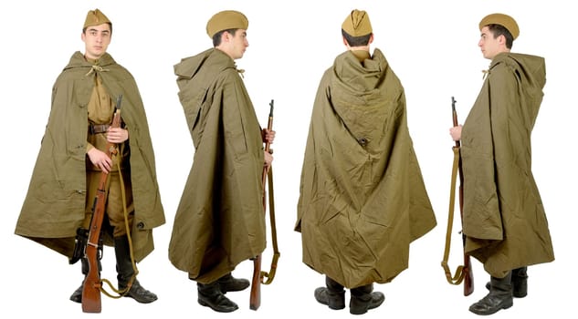 Soviet soldier in wwii, front, profile and back