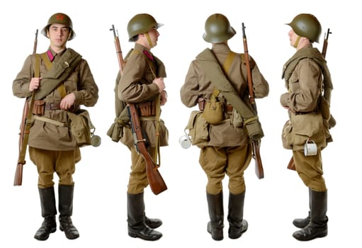 Soviet soldier in 1941, front, profile and back
