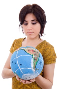 pretty young woman holding the world in her hands