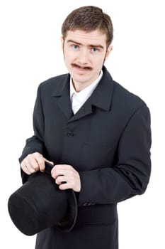 young man dressed as vintage groom, isolated