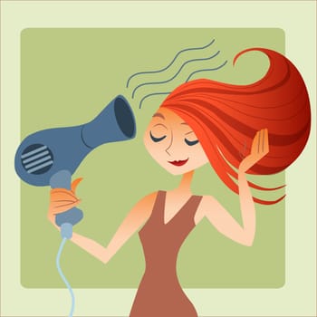 Young woman drying hair. Morning gathering for a date or a job