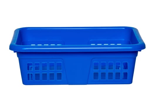 Empty basket isolated. A empty blue plastic laundry basket isolated on a white background. Household objects.