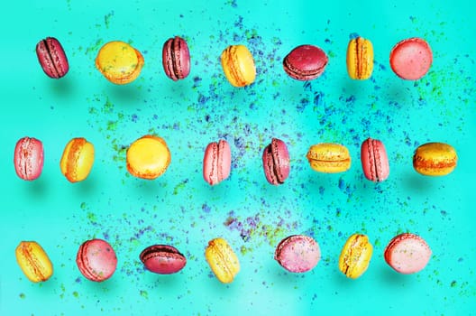 Macaroon cookies flying and floating in the air