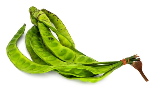 Stink Bean Thailand, close up of twisted cluster bean on white background